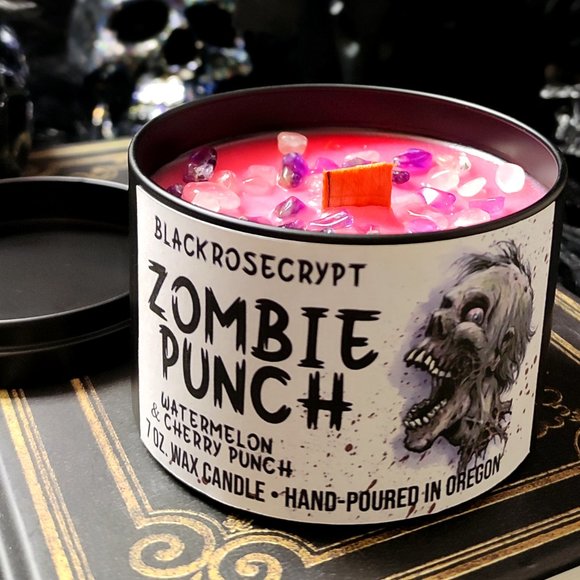 8 oz. Watermelon+Cherry Punch with Amethyst Stones • ZOMBIE PUNCH Candle in Tin - Picture 1 of 3